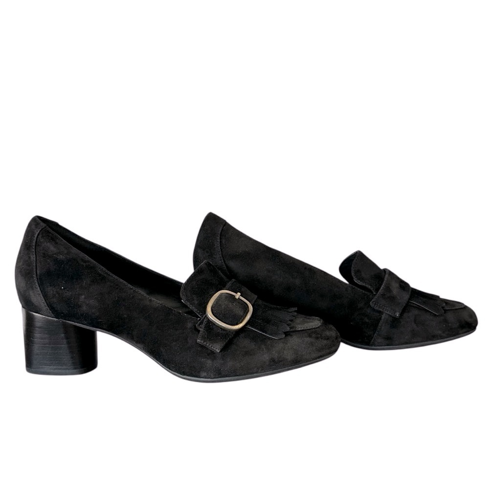 Clarks Black Suede Block Heel Loafers with Buckle - Picture 7 of 9